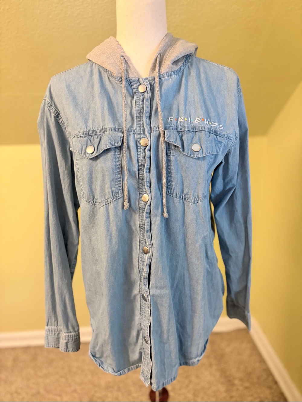 Friends Central Perk Embroidered Denim Hoodie Snap Front Shirt - Size M